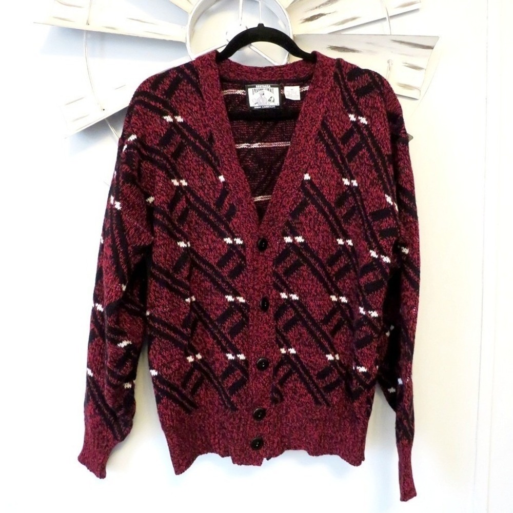 Vintage Sostanza Fashion Police Cardigan Sweater Burgundy‎ Black Geo 80s 90s Med